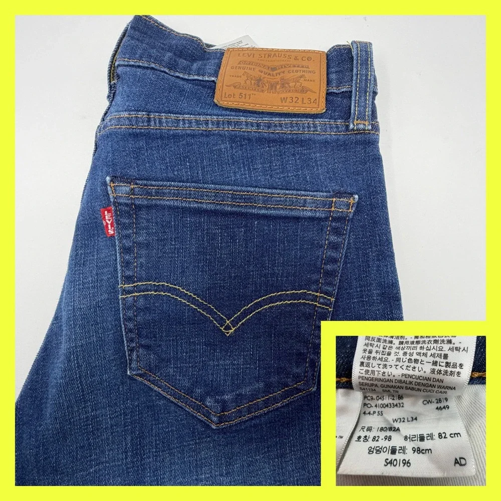 Levi's 511 Slim‎ Fit Jeans Mens W32 L34 Blue Medium Indigo Denim Classic